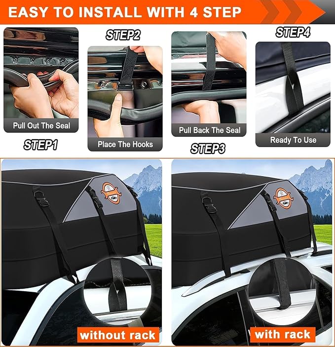 Sailnovo Car Rooftop Cargo Carrier Roof Bag, 15 Cubic feet Waterproof Roof Cargo Carrier fit car with/Without Luggage Rack - Vehicle Soft Shell Roof Cargo Box with Tie-Down Strap, Safety Hook
