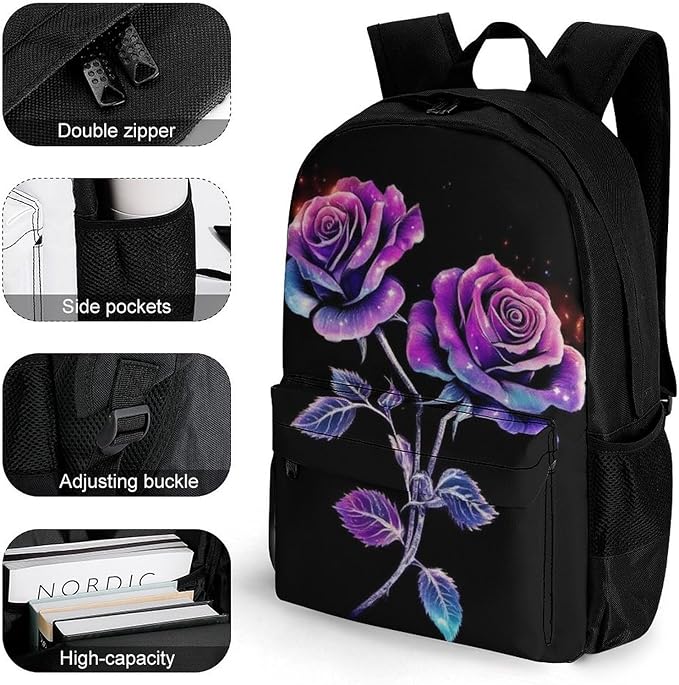 Supdreamc Polyester Daypack Backpack for Climbing Outdoors Running, Big Capacity Multipurpose Anti-Theft Bookbag, Colorful Flower Rose Travel Hiking Camping Rucksack