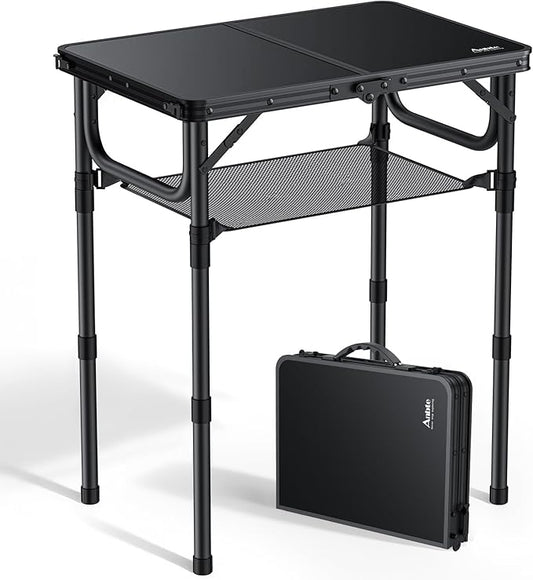 Folding Camping Table with Storage Net, Pure Black Aluminum 2ft Picnic Table 23.2" x 16" Outdoor Table Adjustable Height Max 27.5", Lightweight, Waterproof, Portable Handle for Travel Cooking