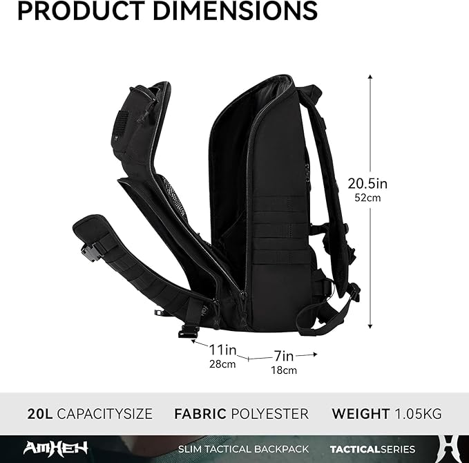 20L Slim Tactical Backpack - Suspended 13" Laptop Compartment, Rugged MOLLE Daypack for Everyday Carry, Work, Travel (Black)