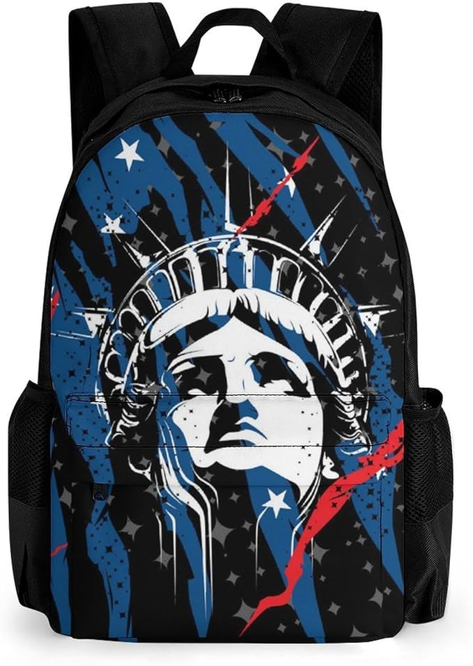 Rucksack Anti-Theft Multipurpose Large Capacity Carry On Bag, Statue Of Liberty American Flag Black Travel Hiking Bag Day Pack With Side Pockets