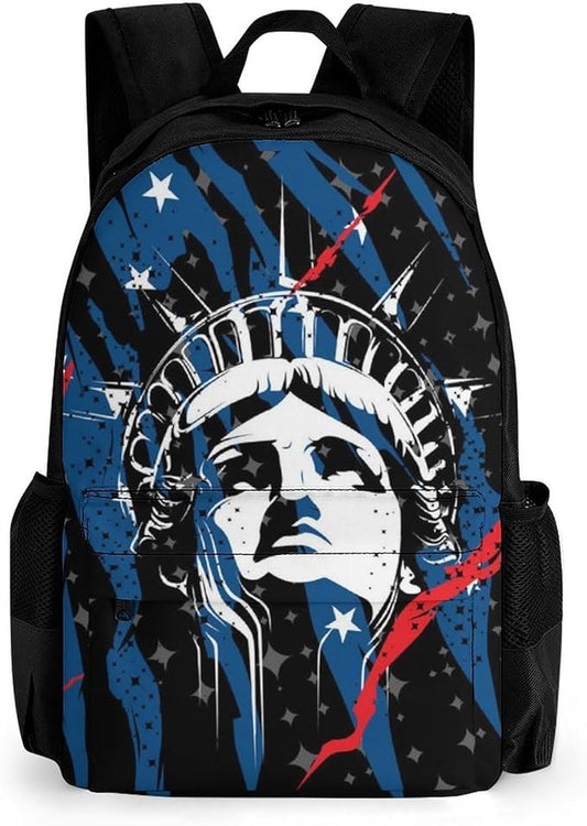 Rucksack Anti-Theft Multipurpose Large Capacity Carry On Bag, Statue Of Liberty American Flag Black Travel Hiking Bag Day Pack With Side Pockets