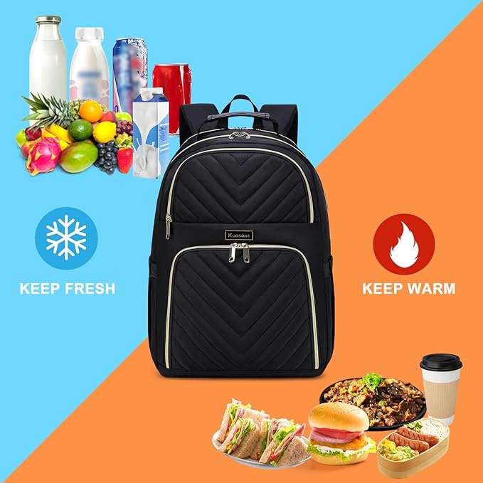 Lunch Backpack for Women, Water Resistant Insulated Cooler Lunch Bag, 15.6 inch Laptop Backpacks with USB Port, Picnic Backpack with Lunch Box for College Work Camping Beaches, Black