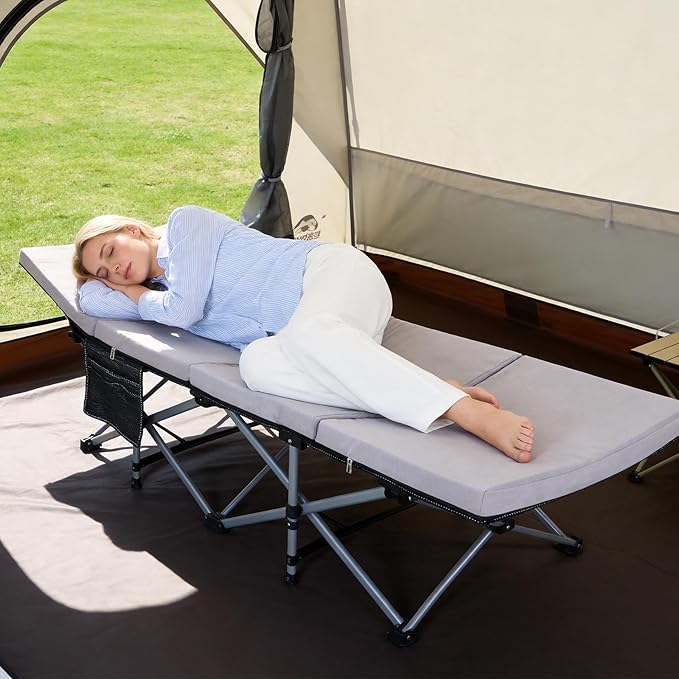 LILYPELLE Folding Camping Cot, Extra Wide Heavy Duty Sleeping Cots with Carry Bag, Double Layer Oxford Portable Travel Camp Cots for Home, Office Nap and Outdoor Beach