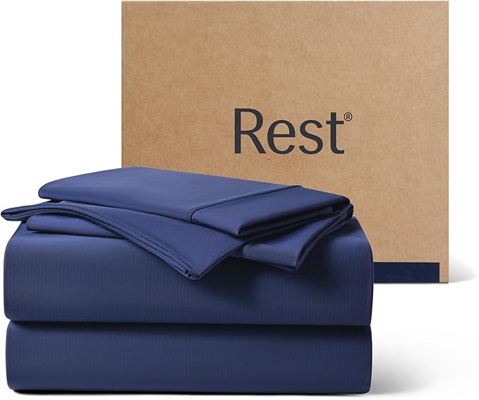 REST® Evercool®+ Cooling Sheet Set, Cali King, Midnight Blue, Breathable Bed Sheets for Hot Sleeper and Night Sweats, with Pillowcases, with Ionic+ Self-Cleaning Silver Yarn for Sensitive Skin, 4PCS