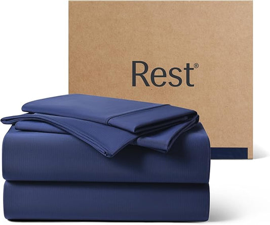REST® Evercool®+ Cooling Sheet Set, Cali King, Midnight Blue, Breathable Bed Sheets for Hot Sleeper and Night Sweats, with Pillowcases, with Ionic+ Self-Cleaning Silver Yarn for Sensitive Skin, 4PCS