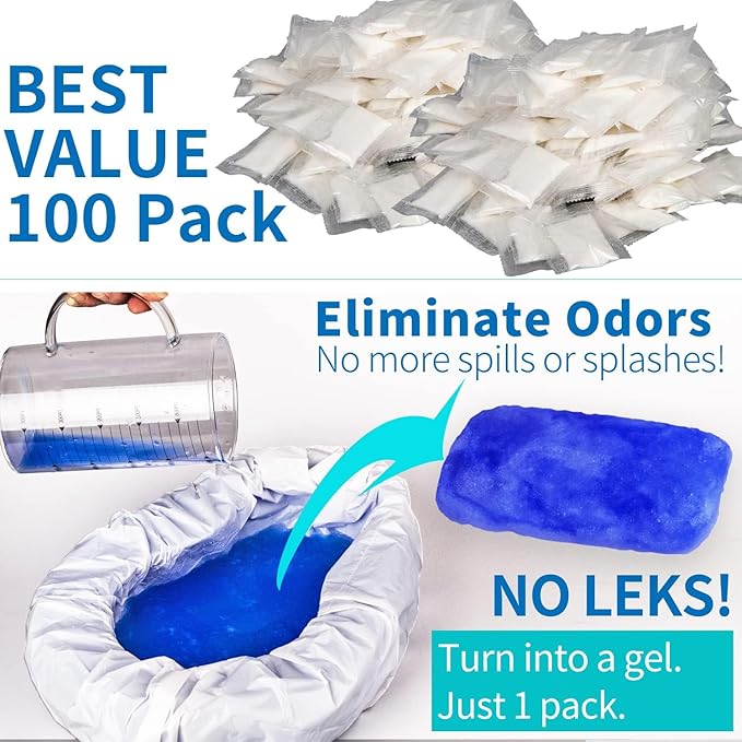 Pack of 100 Super Absorbent Pads Gel for Commode Liners – Gel for Standard Bedside Commode and Bedpan Liners, Liquid Waste Gel Eco for Commode Chairs, Portable & Camping Toilet, Bed pan