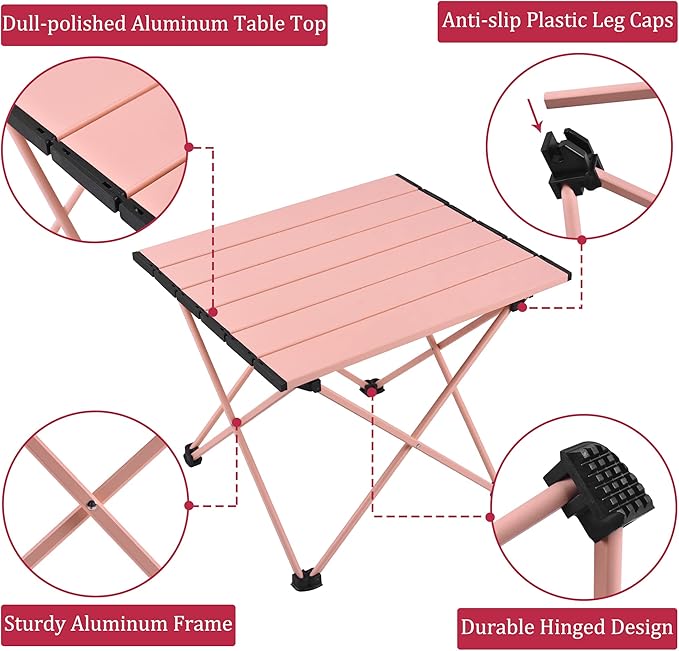 Grope Portable Camping Table with Aluminum Table Top, Folding Beach Table Easy to Carry, Prefect for Outdoor, Picnic, BBQ, Cooking, Festival, Beach, Home (Pink-M)