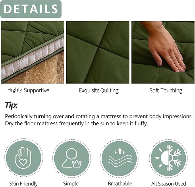 MAXYOYO Japanese Floor Futon Mattress, Extra Thick Mattress Topper Twin Bed Pad Roll Up Foldable Single Mat, Diamond Patterned Japanese Futon Bed, Green