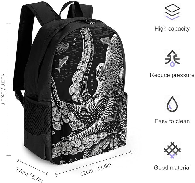 Supdreamc Lightweight Daypack Backpack for Sports Travel Running, Large Capacity Multipurpose Anti-Theft Bookbag, Giant Squid Octopus Art Laptop Backpack Daypack