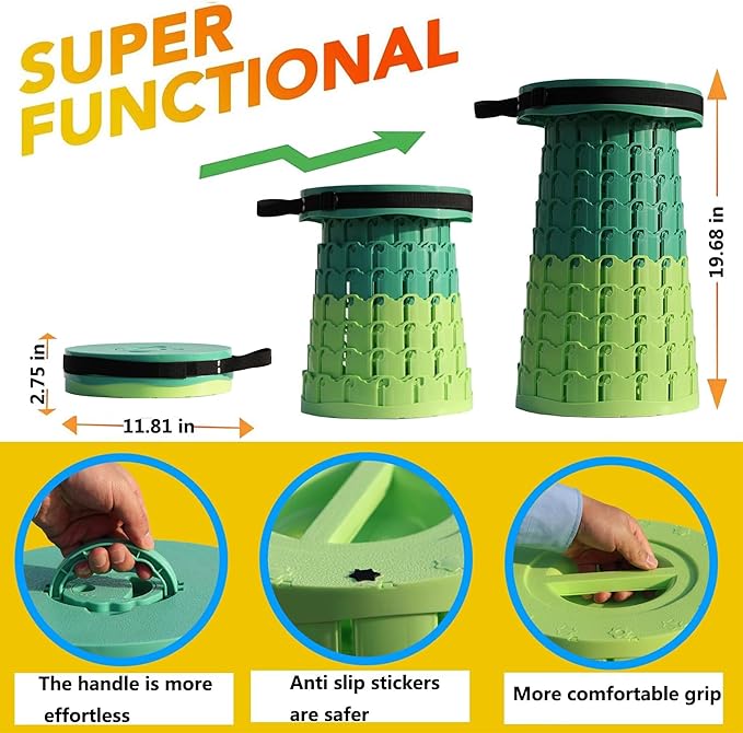 Upgraded 19.7"Portable Collapsible Folding Stool with Cushion Retractable Telescoping Foldable Stool for Adults Heavy Duty Camping Sturdy with Max Load Capacity 1000lbs for Outdoor Fishing Hiking BBQ