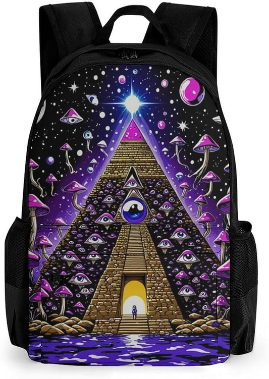 Polyester Daypack for Camping Travel Walking Cycling, Big Capacity Anti-Theft Multipurpose Bookbag, Psychedelic Egyptian Pyramid Eye Mushroom Art Camping Outdoor Backpack