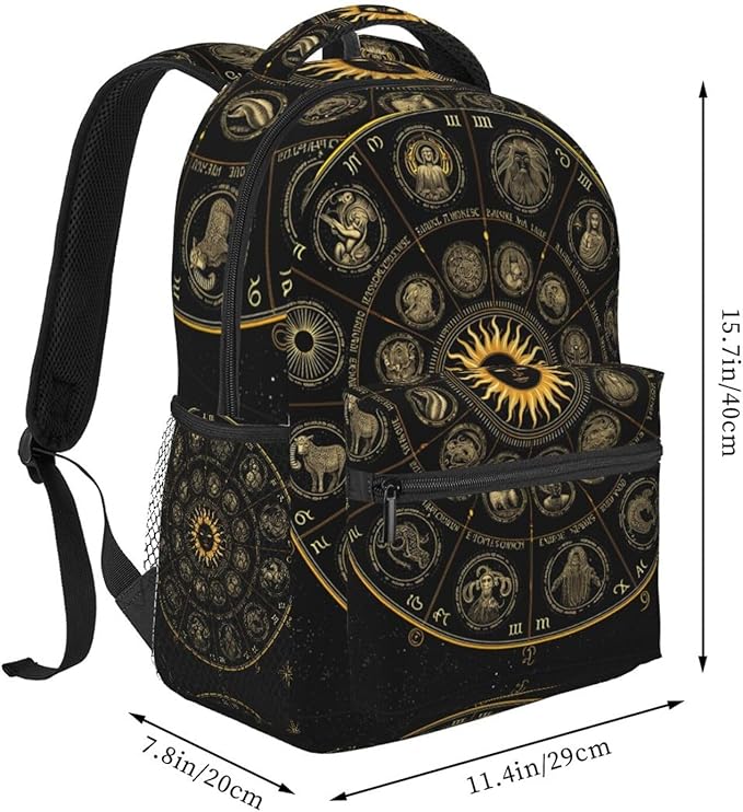 Women Men Polyester Zodiac Symbol Art Casual Daypack Large Capacity Bookbag With Side Pockets for Sports Picnic Walking Cycling