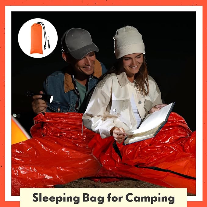 Qunclay 12 Set Emergency Sleeping Bag Survival Bivvy Sack Blanket with Whistles Lightweight Portable Thermal Survival Bag Thick Tent with Hood Extension Nylon Stuff Sack