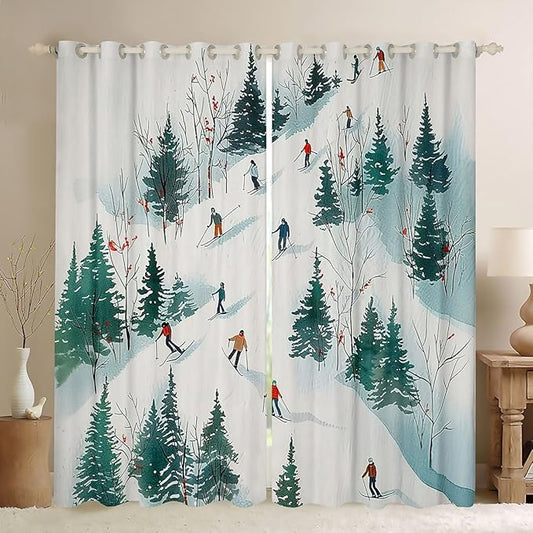 Manfei Skiing Kids Blackout Curtains,Ski Winter Extreme Sports Game Window Drapes,Mountain Snowboarding Pine Tree Natural Boys Girls Room Decor,Green White 2 Panels,38Wx54L inch