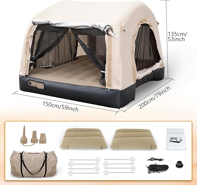 Electric Inflatable Truck Bed Tent with Mattress, Waterproof PU2000mm with Air Pump Pickup Truck Tent, Fits 5.5-6.7FT Full Size Short Bed, All-in-One Quick Setup Truck Tent for Camping