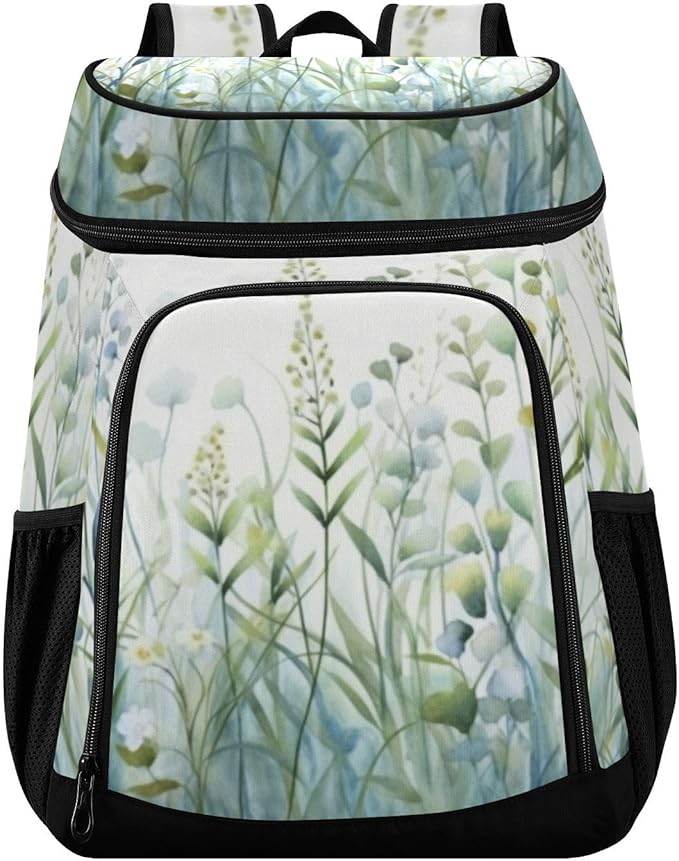 YETTASBIN Leakproof 36 Cans Cooler Backpack for Men Women - Green Wildflower Insulated Backpack Cooler Large Capacity Waterproof Lunch Bag for Hiking, Camping, Beach, Fishing, Work