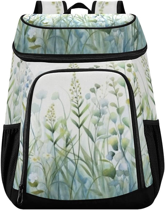 YETTASBIN Leakproof 36 Cans Cooler Backpack for Men Women - Green Wildflower Insulated Backpack Cooler Large Capacity Waterproof Lunch Bag for Hiking, Camping, Beach, Fishing, Work
