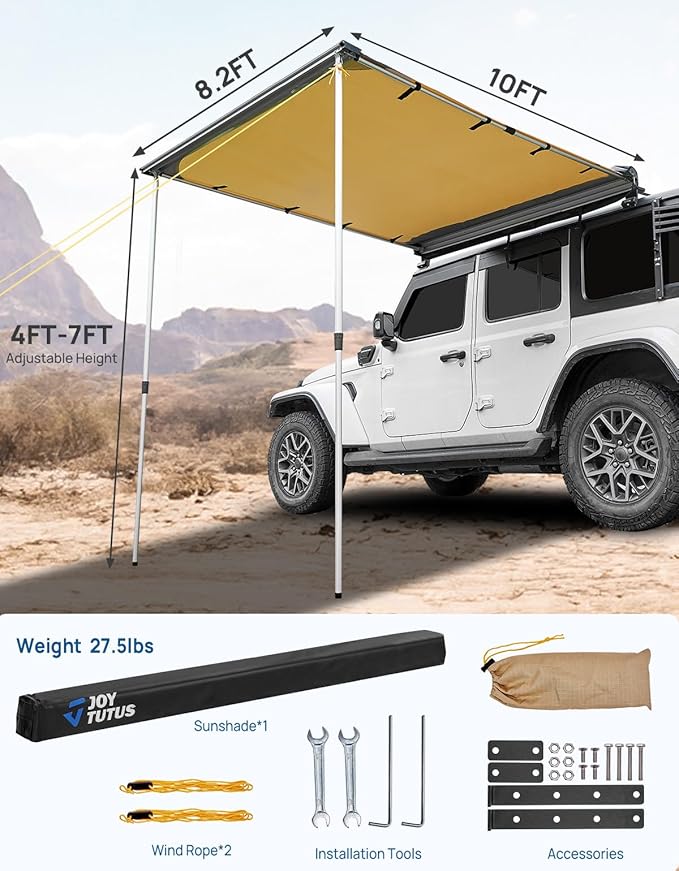 JOYTUTUS Vehicle Awning 8.2'x10' Roof Rack Pull-Out Sun Shade UV50+, Weatherproof 4x4 Side Awning for Camping, Car Sunshade with Adjustable Hardware, Quick Set-up, SUV/Truck/Van/Jeep