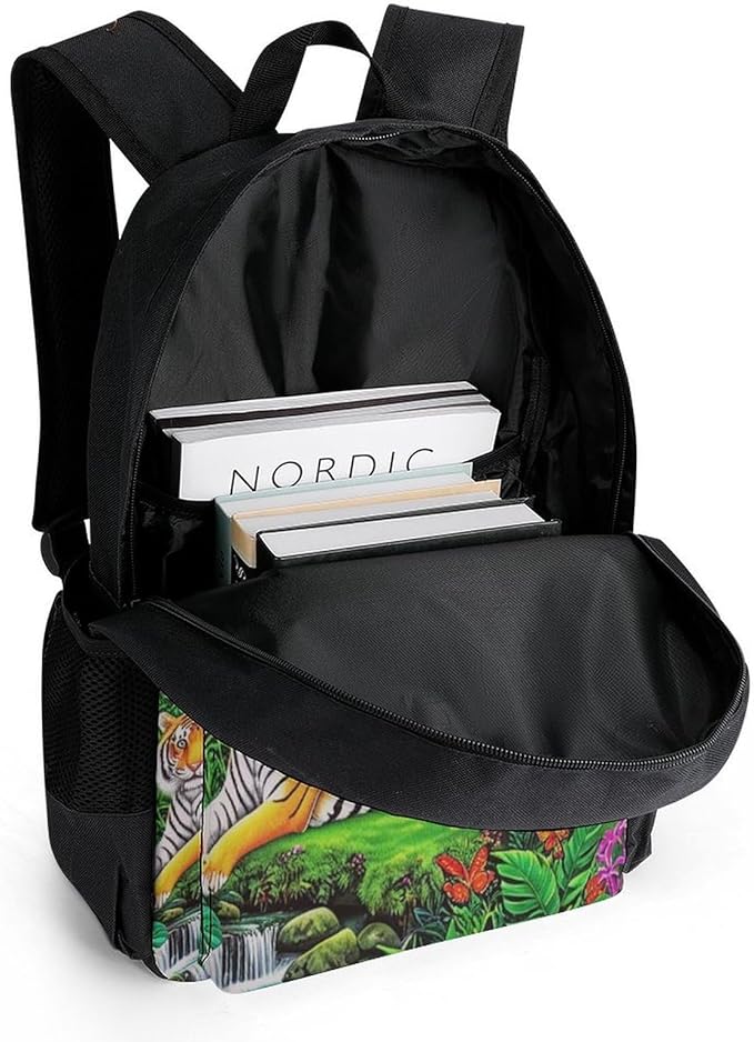 Supdreamc Shoulder Book Bags Anti-Theft Multipurpose Big Capacity Bookbag, King Of The Tiger Tropical Rainforest Landscape Jungle Parrot Birds Travel Hiking Backpack With Smooth Zippers