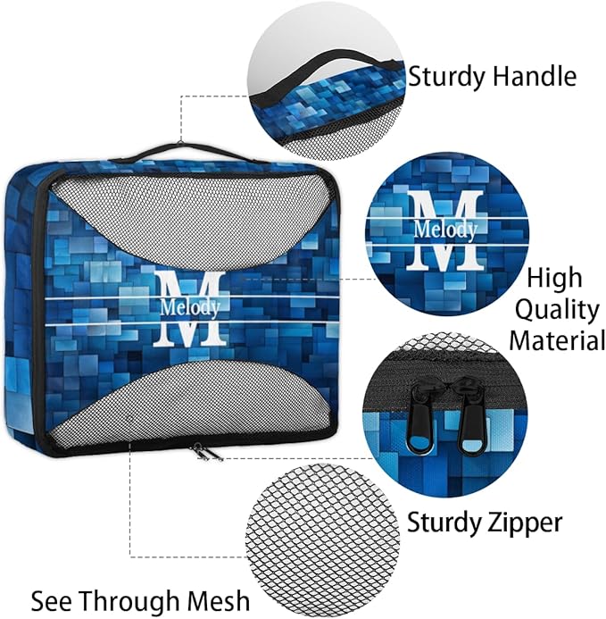 Custom Name 4 Pcs set travel luggage organizer Mesh Travel Essentials for Suitcases, Blue Geometric Pattern with Initial Letter