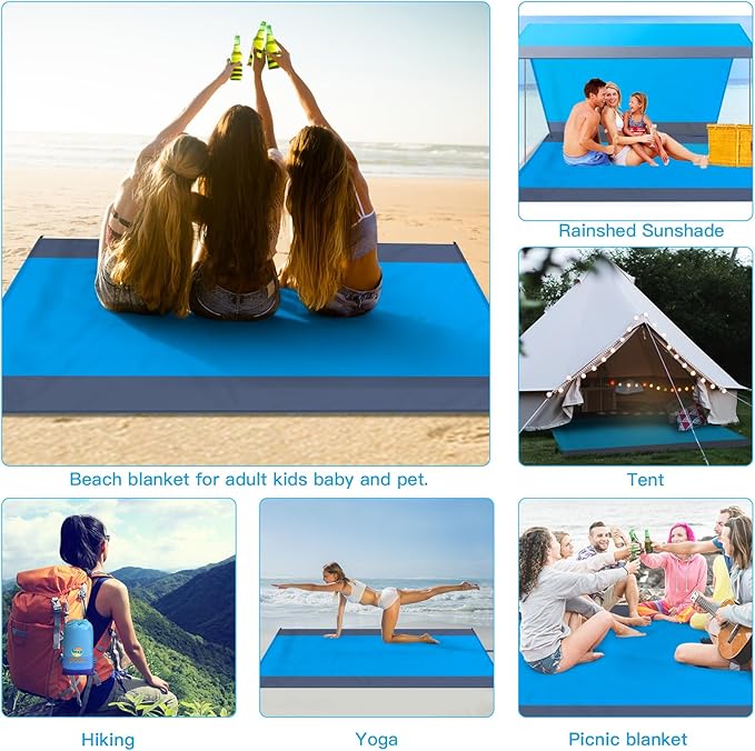 BYDOLL Beach Blanket Waterproof Sandproof Large 78''×81''/10'×9' Sand Free Oversized Sandless Picnic Mat Water Proof Packable Lightweight Blanket for Beach Camping Hiking Travel