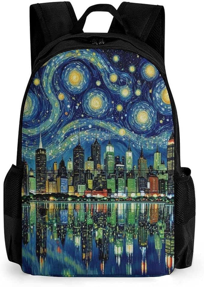 Supdreamc Women Men Polyester Chicago City Skyline Night View Starry Sky Painting Casual Daypack Large Capacity Bookbag With Side Pockets for Sports Picnic Walking Cycling