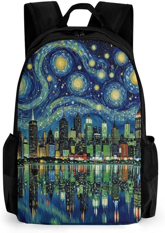 Supdreamc Women Men Polyester Chicago City Skyline Night View Starry Sky Painting Casual Daypack Large Capacity Bookbag With Side Pockets for Sports Picnic Walking Cycling
