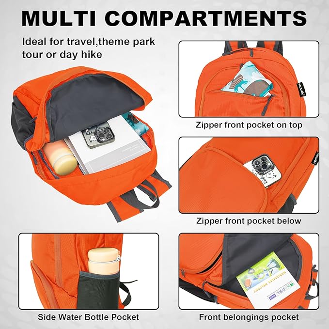 HOLYLUCK 20L Lightweight Packable Hiking Daypack Foldable Backpack for Men Women Small Travel Outdoor Foldable Shoulder Bag-orange