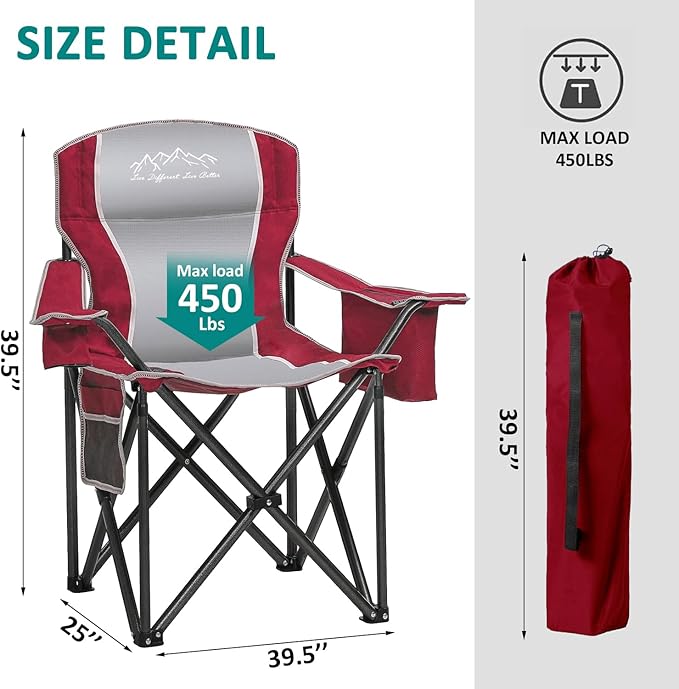 Camping Chair with Cooler Bag, Cup Holder, Storage Pocket, Heavy Duty 450lbs Capacity with Large Anti-Sink Feet, Portable Folding Padded Chair for Outdoor, Beach, Fishing, Sports, Red