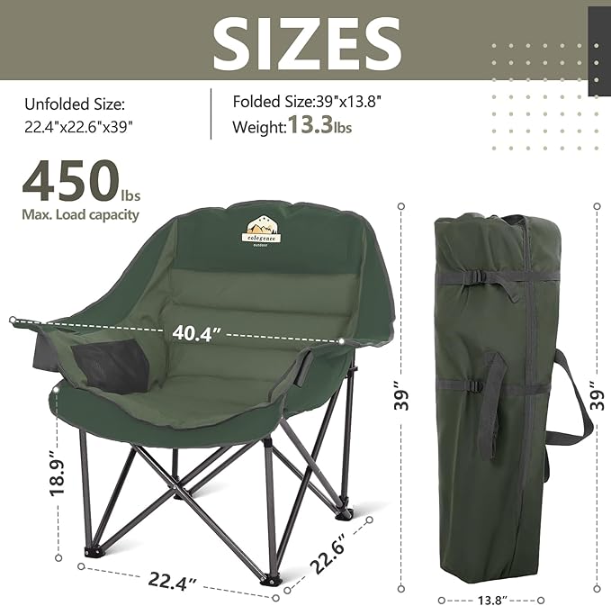 Oversized XL Padded Camping Chair Set of 2 Wide Heavy Duty Lawn Chairs Support 450 LBS Portable Folding Gaint Plus Camp Chair for Outdoor Outside Sports Baseball Soccer-Green
