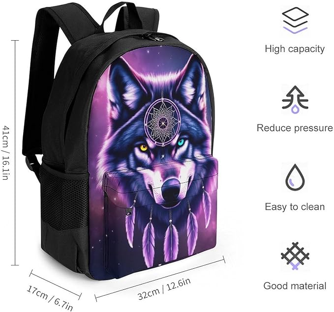 Supdreamc Lightweight Daypack Backpack for Sports Travel Running, Large Capacity Multipurpose Anti-Theft Bookbag, Dream Catcher Wolf Space Fantasy Laptop Backpack Daypack