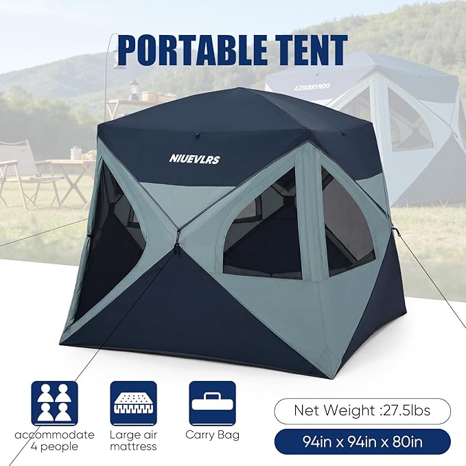 Camping Tent 4 Person Pop Up Tents for Camping, Instant Cabin Setup Tent in 60 Seconds Portable Hub Tent with Rainfly & Windproof for Outdoor Camping & Overlanding