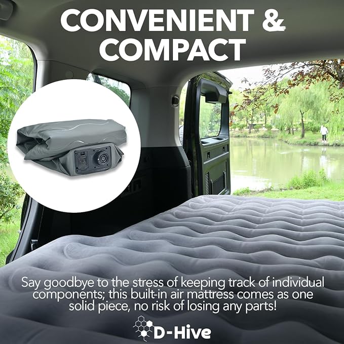 D-Hive SUV Air Mattress, Ultra-Thick Material Extra-High Car Air Mattress, SUV Mattress for Toyota 4runner, Car Mattress w/Built-in Pump Inflatable Car Air Mattress Grey