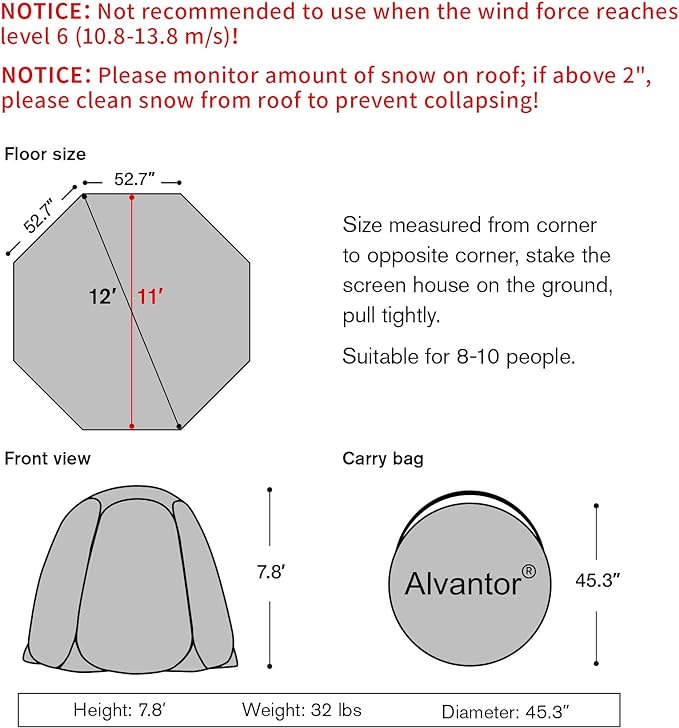 Alvantor Pop Up Bubble Tent - 12’ x 12’ Instant Igloo Tent - 8-10 Person Screen House for Patios - Large Oversize Weather Proof Pod - Cold Protection Camping - Beige