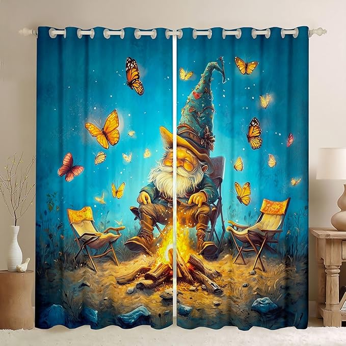 Erosebridal Camping Adventure Blackout Curtains for Bedroom Living Room Cartoon Gnome Window Curtains 2 Panels 42" Wx63 L Campfire Butterflies Drapes,Outdoor Life Window Treatments