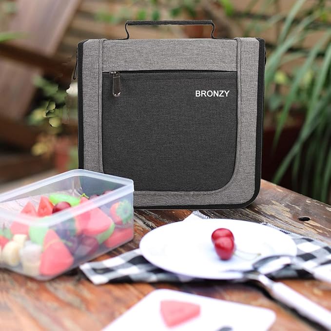 BRONZY Picnic Set Camping Cutlery Organizer Dinnerware Set - Mess Kit,Portable Eating Set with Plates,Spoons,Knives,Wine Opener,Forks,Napkinsc (16pcs/24pcs)