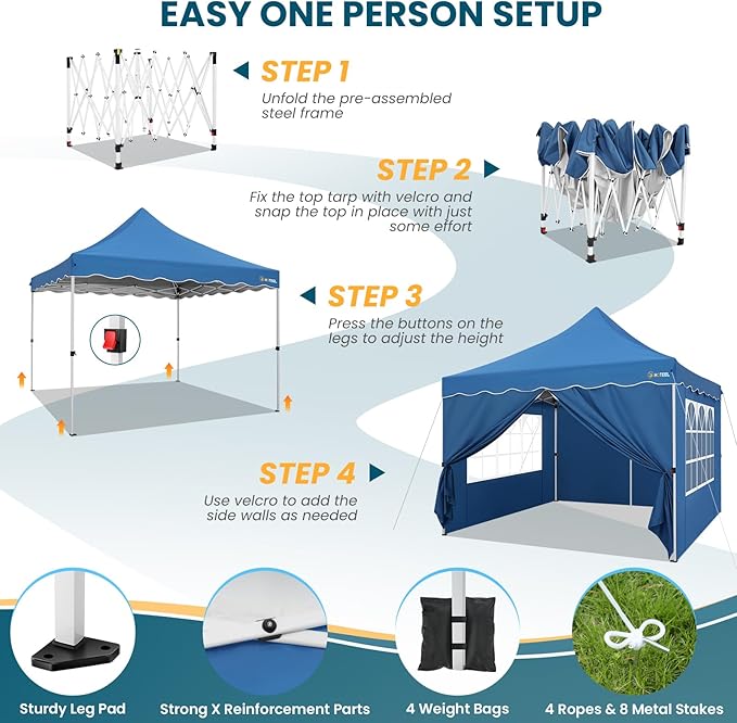 HOTEEL Canopy Tent 10x10 Pop Up Canopy with 4 Removable Sidewalls, Sandbags, Stakes & Ropes, UPF 50+ Easy Setup Canopy Tent Waterproof Outdoor Instant Portable Shelter for Party, Events, Vendor, Blue