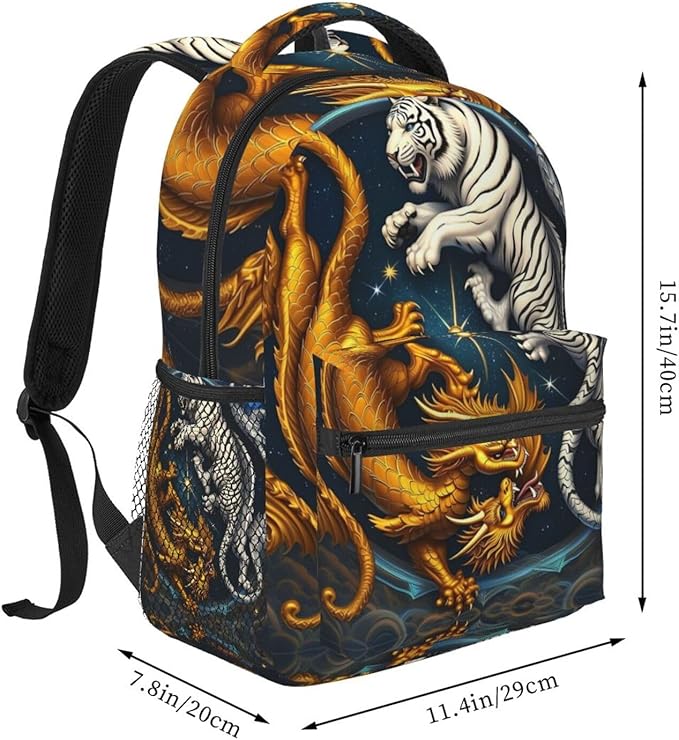 Daypack Backpack Anti-Theft Multipurpose Big Capacity Bookbag, Yin Yang Gold Dragon White Tiger Art Business Computer Bag With Side Pockets