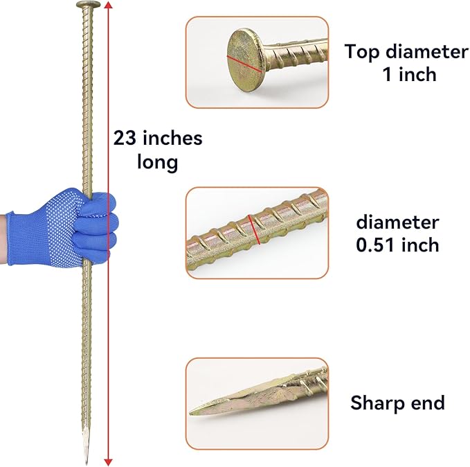 23-Inch Long Rebar Stakes - 1/2 Inch Diameter Heavy Duty Galvanized Steel Ground Asphalt Anchors for Speed Bump, Wheel Stop, Tent and More (10)