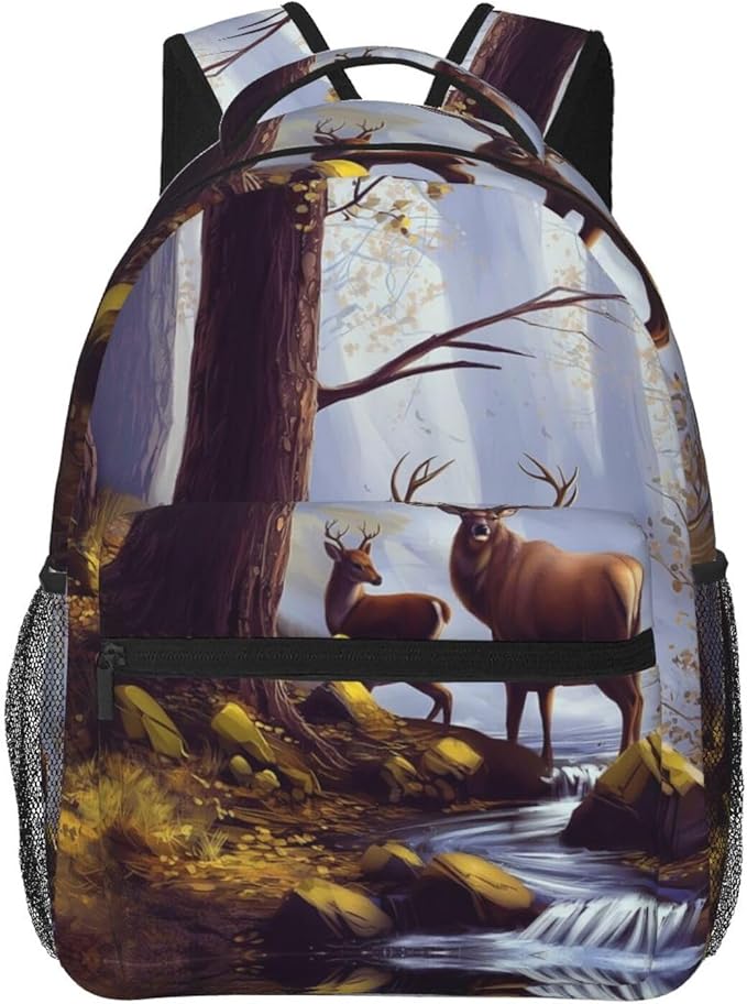 Daypack Anti-Theft Multipurpose Large Capacity Shoulder Bag, Tree Camouflage Deer Art Travel Hiking Camping Rucksack With Smooth Zippers