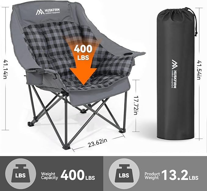 Oversized Camping Chairs for Adults Folding Padded Camping Chair Heavy Duty XL Camp Chair - 400LBS Support Lawn Chairs for Outdoor Sports Beach Fishing with Cup Holder & Carry Bag