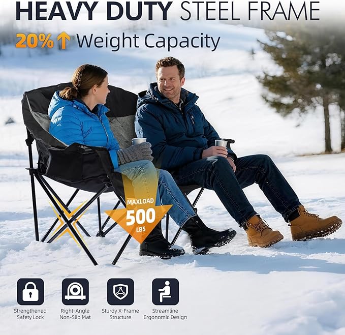 Heated Double Camping Chair - Heated Loveseat Chair for 2 Person Heavy Duty Oversized Padded Camping Couch for Adults Outdoor Sports Lawn Portable Folding Chairs