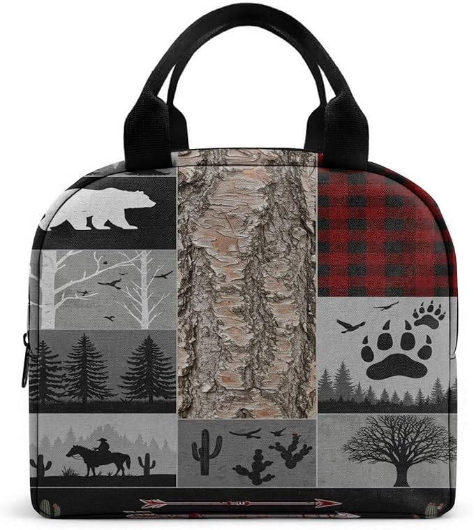 Western Retro Denim Insulated Lunch Bag Bear Deer Bird Nature Landscape Cactus Thermal Tote Portable Size (02)