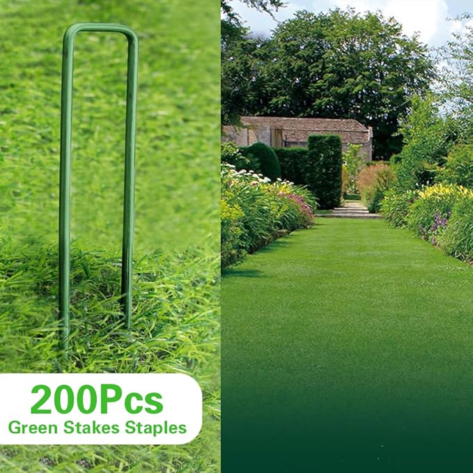 Bakulyor 200Pcs Green Landscape Staples 6 Inch Garden Artificial Turf Stakes Staples, 11 Gauge Lawn Galvanized Ground Fabric Pins for Weed Barrier Sod Decorations Holding Fence and Irrigation Tubing