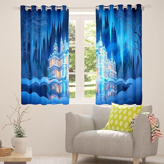 Manfei Dreamy Castle Blackout Curtains Winter Snow Scenery Window Drapes,Princess Theme Window Treatments,Kids Boys Girls Room Decor,Grommet Top 2 Panel Set Bedroom Curtains, 42Wx90L inch