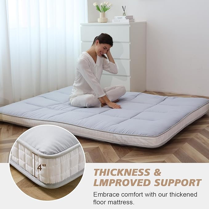 Queen Size Futon Mattress - Extra Thick Foldable Japanese Floor Mattress - Memory Foam Sleeping Pad for Adults - Tatami Mat Suitable for Camping & Guest - Gray