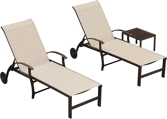 PURPLE LEAF Outdoor Chaise Lounge Chair Set of 3 Patio Pool Lounger Aluminum Chairs with Side Table and Wheels Adjustable Tanning Recliner for Outside Backyard Yard Deck Balcony Beach Light Khaki