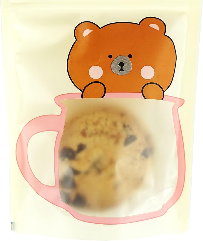QQ Studio 100 Animal Designed Snack Bags, Plastic Bakery Bags, Cute Favor Bags for Snacks, Pastel Cookie Bags with Window, Zipper Seal Treat Storage Bags (5 Inch x 7 Inch, Yellow Bear)