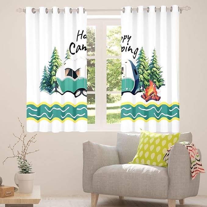 Camping Adventure Blackout Curtains,Stripe RV Trailer Cartoon Camper Window Drapes,Bonfire Campfire Pine Tree Rustic Nursery Bedroom Playroom Decor,Natural Green 2 Panels,42Wx84L inch